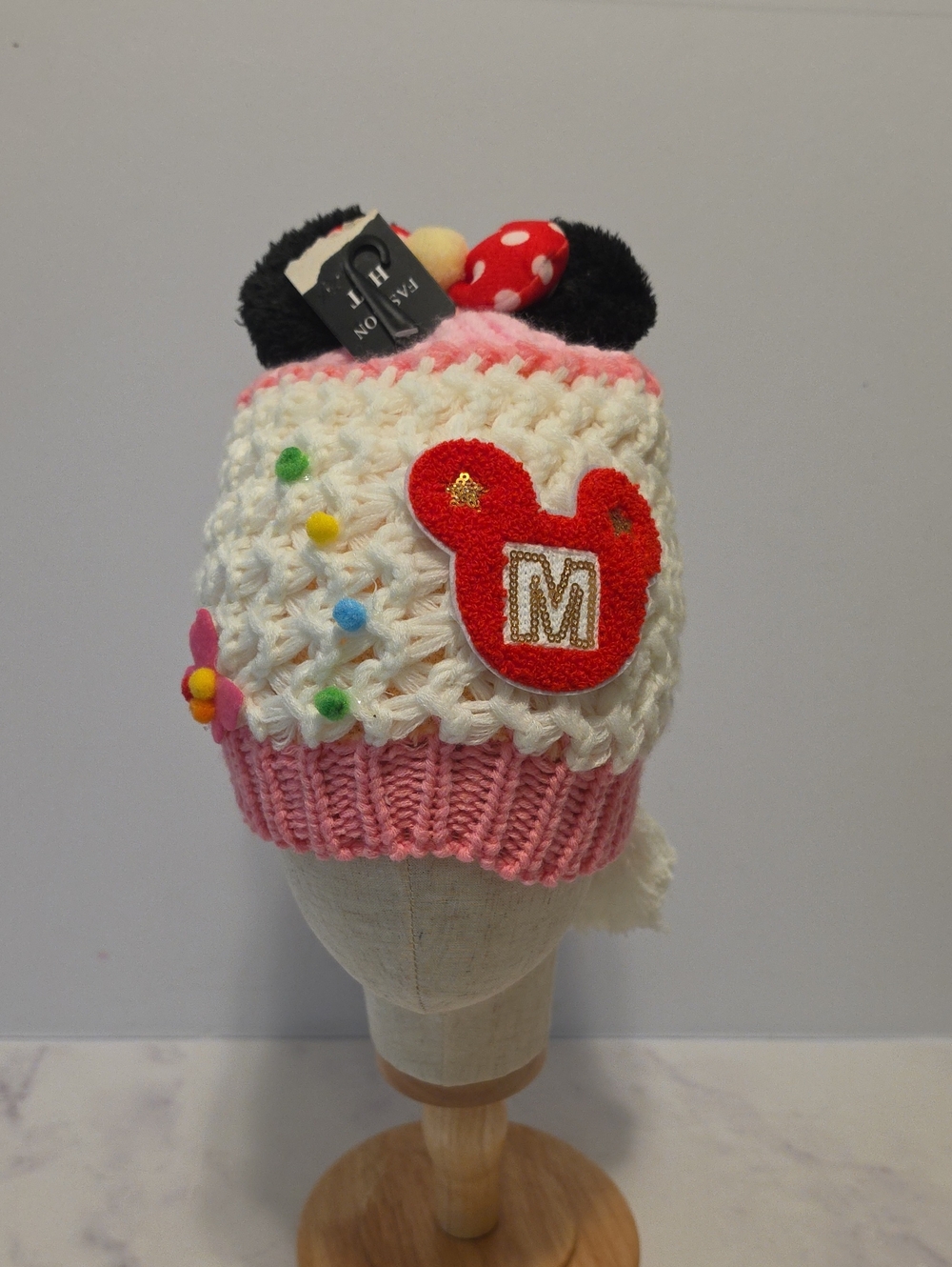 Isabella Kids Pink and White Knit Beanie with Red Mickey Patch Brand New